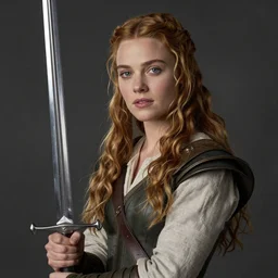 Miranda Otto as Eowyn, posing with a sword, candid portrait photography by Annie Liebovitz