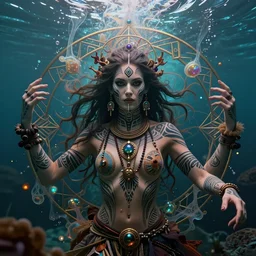 a centered render of a alluring festival hippies with tribal tattoos surrounded by a underwater ink pour and flowing liquid galium and sacred geometry, perfect body face and hands, powerful, cinematic, beautifully lit, by artgerm, by karol bak, by donato giancola, by beeple, 3 d, trending on artstation, octane render, 8 k
