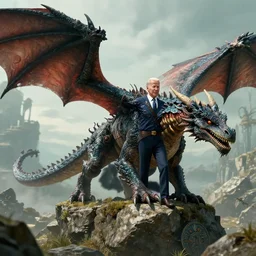 joe biden tame a dragon in skyrim world. 8 k, hd, detailed.
