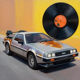 painting of a delorean with tiger stripe viynl rap,