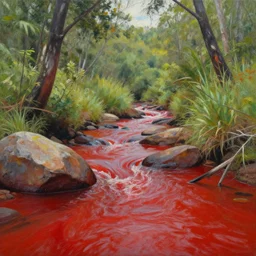 A photorealistic painting of Karkloof Nature Reserve with a red stream of water