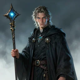 cinematic portrait of a wizard in cool outfit holding a magic staff by miranda meeks and greg rutkowski, highly detailed, perfect features, dark, mysterious, digital art, sharp focus, illustration, concept art, trending on artstation