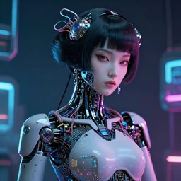 a portrait of a beautiful cyberpunk geisha robot, ghost in the shell geisha robot, by wlop, by rossdraws, motherboard, circuitry, wires, neon lights, micro detail, octane render, sci - fi, intricate, 8 k, cgsociety