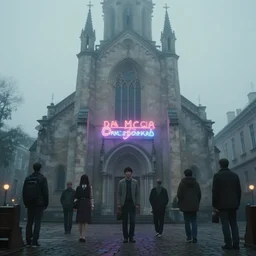movie scene of a church, lviv, a very misty day, a neon sign, by ian mcque ferdinand knab, makoto shinkai and lois van baarle, artgerm, pixar, ilya kuvshinov,, tom bagshaw, global illumination