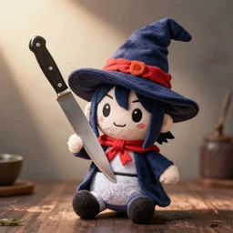 anime witch plushy, a kitchen knife stabbed into it