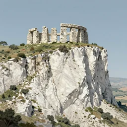 concept art by alejandro burdisio of a small, white marble cliff in a meditereanian hill landscape, with stone henge on top
