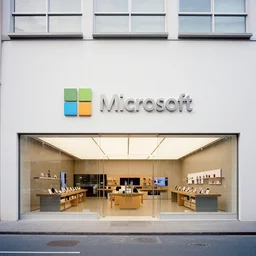 photograph of a Microsoft Samsung flagship store in the style of Wes Anderson and Denis Villeneuve, architecture magazine, dezeen, 50mm, pentax, film