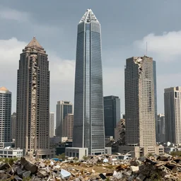 a landscape filled with ruined skyscrapers made of stone and crystal