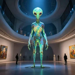 luminescent alien being inside interior futuristic art gallery wide angle highly detailed by ricardo boffil and saturno butto and olafur eliasson, ( ( artgerm alphonse mucha ) ) captivating 8 k hdr, octane render godrays