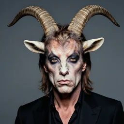 actor Mick Jagger in Elaborate Pan Satyr Goat Man Makeup and prosthetics designed by Rick Baker, Hyperreal, Head Shots Photographed in the Style of Annie Leibovitz, Studio Lighting