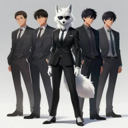 full body portrait of a female anthropomorphic albino wolf fursona wearing a black suit and sunglasses. detailed character design by disney, charlie bowater, ross tran, artgerm, and makoto shinkai, detailed, soft lighting, rendered in octane