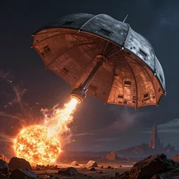 giant spaceship shaped like an umbrella that is sucking a solar flare out of the sun to fuel the traveling world that is teeming with life