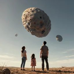 a family on the ground looking up in the sky to a big asteroid entering the atmosphere, digital art