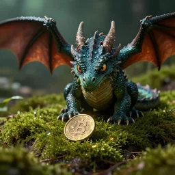 A Shrunk down dragon on a bed of moss, guarding a single gold coin, dewdrops, macro, dramatic lighting, cinematic, establishing shot, extremely high detail, foto realistic, cinematic lighting, post processed, concept art, high details, cinematic, 8k resolution, beautiful detailed, photorealistic, digital painting, artstation, concept art, smooth, sharp focus, artstation trending, octane render, unreal engine