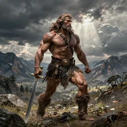 by Frank Frazetta style, barbarian with extraordinary muscle structure with long sword, wide view, deep depth of field, denoise