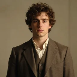 portrait painting of a young man of 2 7, wearing a plain suit, with curly brown hair, was tired handsome unreal render cinematic lighting art 1 9 2 0 period drama by bussiere rutkowski andreas rocha