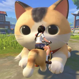 screenshot from a 3d video game where you play as an anime girl riding a giant cat