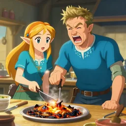 gordon ramsey yelling at link from zelda for cooking burnt food in the style of breath of the wild, artstation krenz cushart, makoto shinkai
