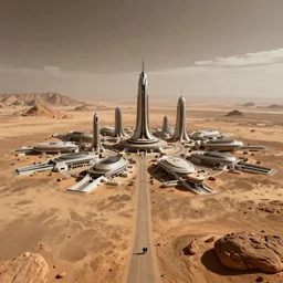 Futuristic utopian city on Mars from a distance, wide angle shot