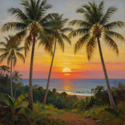surreal oil painting of a sri lankan landscape at sunset, coconut trees in the foreground, ocean sunset in the background, realistic oil painting by gustave dore, - h 6 4 0,