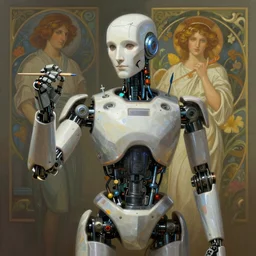 A portrait of robot painting, highly detailed, digital painting, concept art, sharp focus, illustration, art by greg rutkowski and alphonse mucha