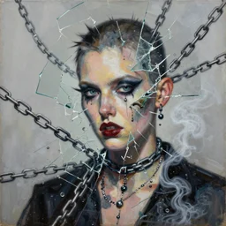 chained sophisticated depravity, mixed media collage, assemblage, oil painting, minimalist, contemporary art, punk art, photorealistic, portrait, expressionism, masterpiece, dynamic composition, spectacular quality, intricate details, shattered glass texture, chains, smoke, water, vivid