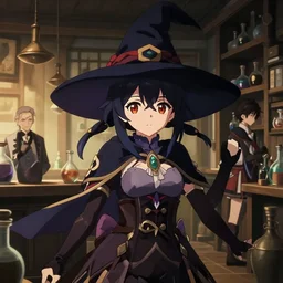 anime visual, portrait of a young female wearing a witch hat in a alchemist's potion shop interior, cute face by katsura masakazu and yoh yoshinari,, cinematic luts, dynamic pose, dynamic perspective, strong silhouette, anime cels, ilya kuvshinov, crisp and sharp, rounded eyes, moody, genshin impact colors and costumes