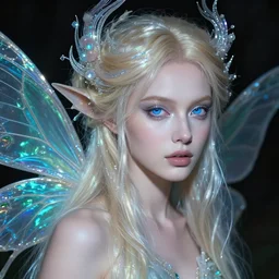 a highly detailed professional portrait of a female fairy, photo by annie liebovitz, beautiful pale blonde model with blue symmetrical eyes, dramatic lighting, otherworldly, fantasy art, iridescent colors, ethereal aesthetic, fashion photography, intricate design, fae elements, detailed shiny hair, whimsical, atmospheric,