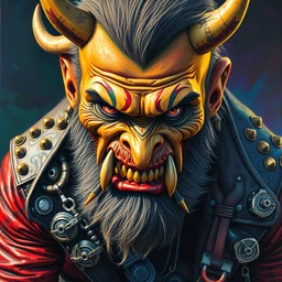highly detailed oil painting of an apocalyptic orcish biker character by michael whelan, vibrant psychedelic colors, punk rock fashion, studded leather jacket, face tattoos, 8 k