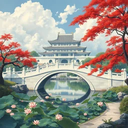 a painting by hiroshi nagai of magnificent chinese palace, white marble arch bridge, lotus garden, red maple tree. hq scan.