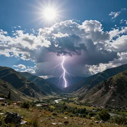 a beautiful ancestral highland valley with a big blue sky, bright sun, clouds and a single bolt of distant lightning, holy and sacred, ground perspective;  detailed, best on artstation, raymond swanland, bayard wu, cosmic, volumetric lighting, godrays, epic, stunning, masterpiece