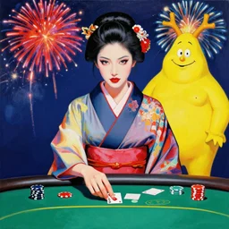 hyperrealism composition of the detailed woman in a japanese kimono sitting at a poker table with mr. meeseeks, fireworks on the background, pop - art style, jacky tsai style, andy warhol style, acrylic on canvas