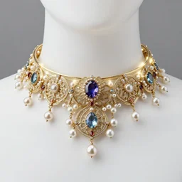 historical, art nouveau, ornate, delicate, pearls and magical gemstones choker, around a neck, glowing inside, shiny precious metals, octane render, realistic, dramatic light, 3 d, photograph 4 k,