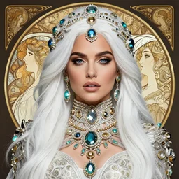 a highly detailed beautiful white haired woman, ana de armas, adorned with precious stones, intricate line drawings by jeremy mann and alphonse mucha, 8 k resolution, trending on artstation, very very detailed, masterpiece, stunning,
