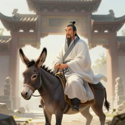 founder of taoism, laozi ride a donkey, gate tower, light effect, leisurely, highly detailed, digital painting, artstation, concept art, smooth, sharp focus, illustration,
