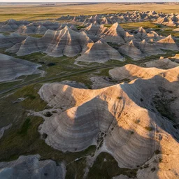 aerial overhead close up shot of a badlands mixed grass prairie in golden hour lighting