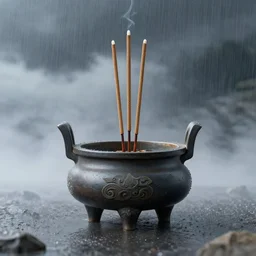 digital illustration of incense burner and incense, rainstorms, fogs ， unreal engine, hyper realism, realistic shading, cinematic composition, realistic render, octane render, detailed textures, photorealistic, wide shot