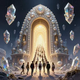 suggestive mtg illustration by terese nielsen and charles vess of a large group of people entering the glowing doorway of a massive vulva - shaped temple constructed of carved iridescent pearls and house - sized crystals of impossible architecture floating in the astral plane