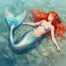 beautiful mermaid with intricate detailed iridescent scales for her tail, vibrant red orange hair, patches of scales on body, fair skin, laying down in shallow clear water, vibrant colours, detailed illustration, smooth sharp focus, wlop, guweiz, tian zi, fantasy, intricate, misty, particles, artstation
