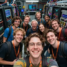 selfie of a tight group of happy drunken hackers at a party in a highly detailed server room with computers everywhere and wires, in a scifi movie, vivid colors, by jamie hewlett, nuri iyem, james gurney, james jean, greg rutkowski, anato finnstark. hyper detailed, wide angle, perfect faces