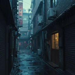 Cyberpunk back alley on a rainy day in Japan, low angle view, detailed matte painting, cinematic, Helio Frazao, Artstation