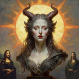 cinematic masterpiece bust portrait of a gothic demon goddess of morning, head and bust only, huge sun in the background, backlit, by Wayne Barlowe, by Leonardo DaVinci, by Tim Hildebrandt, by Bruce Pennington, by Zdzisław Beksiński, by Paul Lehr, oil on canvas, masterpiece, trending on artstation, featured on pixiv, cinematic composition, astrophotography, dramatic pose, beautiful lighting, sharp, details, details, details, hyper-detailed, no frames, HD, HDR, 4K, 8K