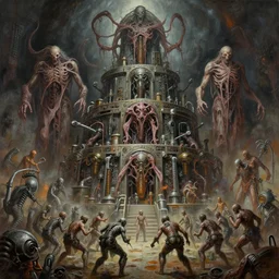 oil paint of 1 1 horrifying mainframe machines as flayed gods in tiers, colossal medical gangrene machines in tiers, dethroning / we machines / melee, battle pit, by shigeru komatsuzaki, wayne d barlowe, stefano tamburini, ember light, muted colors, epic, hyper detailed, awe inspiring, award winning horror, narrative lighting, hyper realism