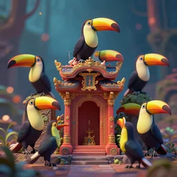 shrine for toucan gods. award - winning 3 d animation by an indie studio, rimlighting, depth of field, limited but vibrant palette, intricate details, impressionism, chiaroscuro, bokeh.