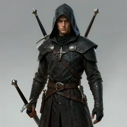 concept art, portrait, young man, dark medieval clothes, Hood, two swords, high detail, digital art, fantasy, RPG