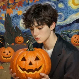 painting of young cute handsome beautiful dark medium wavy hair man in his 2 0 s named shadow taehyung at the halloween pumpkin party holding pumpkin, melancholy, autumn colors, japan, elegant, clear, painting, stylized, delicate, soft facial features, delicate facial features, soft art, art by alphonse mucha, vincent van gogh, egon schiele