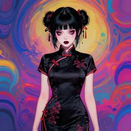 A psychedelic portrait of cute goth egirl in black oriental dress, vibrant color scheme, highly detailed, in the style of romanticism, cinematic, artstation, Moebius, Greg rutkowski