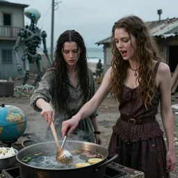 she makes the deep boil. dark fantasy story about two casually - dressed women in a dirty seaside town, a globster, and a beautiful song. color cinematic still from an action - packed 2 0 1 1 bonding!! hybridizing alien - robot invasion science - fiction blockbuster movie ; highly - detailed.