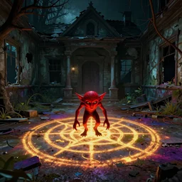 inside a haunted destroyed house, a sigil scribbled on the ground and shining, the red goblin is sucked into it and vanished, trending on artstation, wide view, cinematic view, cinematic, 8 k, digital photo, unreal engine, colored paint, colorful paint, scary style