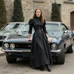 a photograph of joan of arc leaning on a muscle car